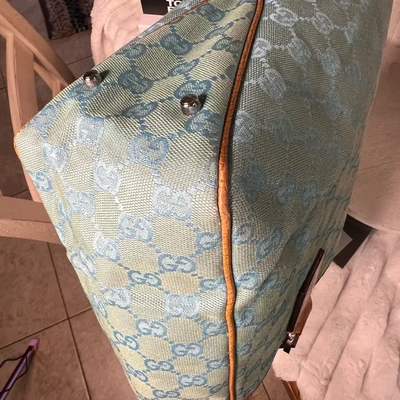 Gucci GG Blue Canvas Tote with Brown Leather Trim with COA - Picture 10 of 15